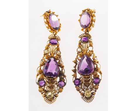 A pair of antique chandelier earrings, each earring of openwork filigree design and set with oval-cut, circular-cut and pear-