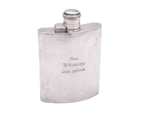 A George V silver hip flask by F Burton Crosbee, Birmingham 1944, of shaped rectangular form, hinged bayonet cap, inscribed '
