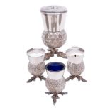A four piece silver plated cruet set in the shape of thistles,