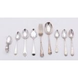 A mixed group of silver flatware; including a pair of silver Brightcut tea spoons by Joseph Hicks,