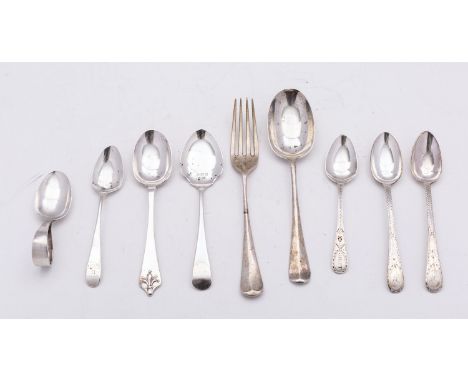 A mixed group of silver flatware; including a pair of silver Brightcut tea spoons by Joseph Hicks, Exeter 1790, engraved cart