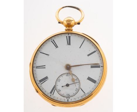 Isaac Vickers, Manchester an 18k gold open-faced pocket watch the white enamel dial having black Roman numerals, a subsidiary
