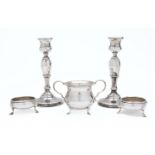 A mixed group of silver; including a pair of silver candlesticks by Mappin & Webb, Birmingham 1932,