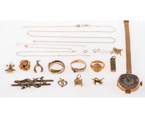 A mixed group of jewellery, including a 9ct gold cased vintage watch, UK hallmark on backplate, clasp marked 9ct, total gross