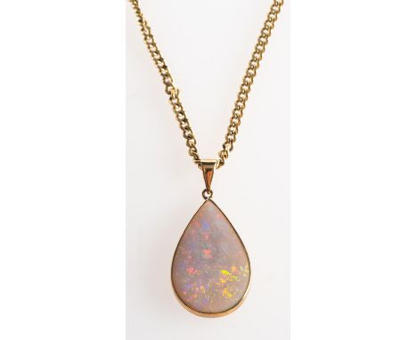 A 9ct gold opal pendant and chain, a pendant set with a pear-shaped opal cabochon, UK hallmark, length approx. 3.5cm (inc. ba