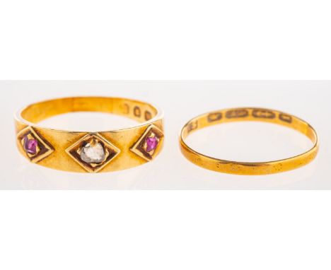 A group of two antique rings, including a 22ct yellow gold wedding band, faintly engraved to outside, UK hallmark, size J1/2,