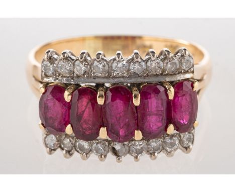 A ruby and diamond ring, set to the centre with five oval-cut rubies and a row of small brilliant-cut diamonds each side, mar