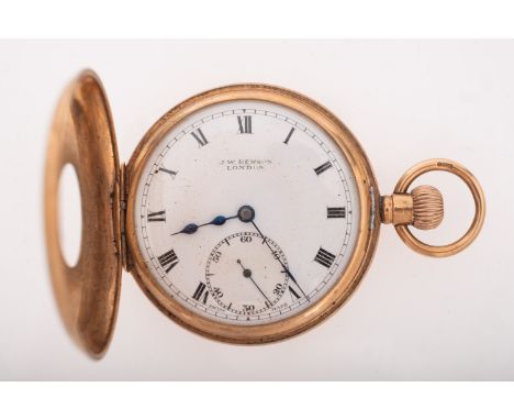 J.W. Benson, a 9ct gold half-hunter pocket watch the white enamel dial having black Roman numerals, a subsidiary seconds dial