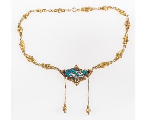 A Victorian 'Forget me not' necklace, the ornately carved centrepiece has an openwork design set with turquoise cabochons & s
