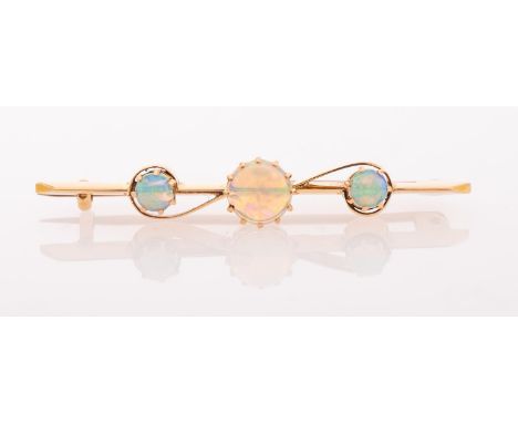 An antique opal bar brooch, set with three circular-cut opal cabochons in an openwork scroll setting, marked to verso 'Newman