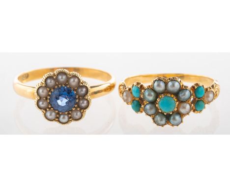 Two antique rings, including a late 19th century flowerhead ring set with turquoise cabochons and seed pearls, floral carved 