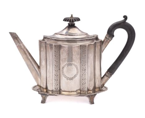 A George III silver tea pot and stand by George Burrows, London 1795,  shaped oval outline, the domed lid with ebony finial, 