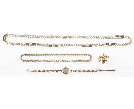 A mixed group of jewellery, including a 9ct yellow gold vintage lady's Ryland wristwatch, UK hallmark, 10.7grams; a floral & 