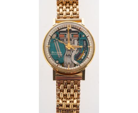 Bulova Accutron Spaceview a 1960s gentleman's wristwatch the open dial showing the visible tuning-fork movement, the rear of 