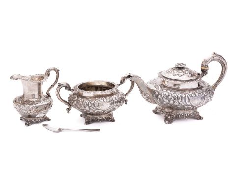 A Victorian silver matched three piece tea service, comprising tea pot by William Chawner London, 1840, 746.4gs. (24ozs),  a 