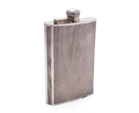 A large silver plated hip flask by Walker & Hall, of curved rectangular form with hinged bayonet lid and engine turned decora