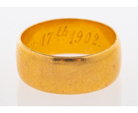 A 22ct yellow gold wedding band, engraved inside 'Nov: 17th 1902' UK hallmark, size K to L, 5.3grams.