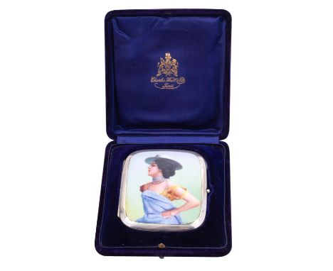 A German silver and enamel cigarette case by Louis Kuppenheim, Pforzheim, post 1886 .800 standard, circa 1900, painted with a