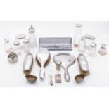 A mixed group of silver; including a long handle hair brush, a long handle hand-mirror,