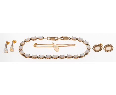 A group of opal set jewellery, including a bar brooch set with an elongated pear-shaped opal cabochon, unmarked & untested, l