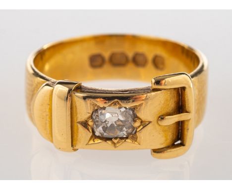 An antique diamond buckle ring, set with an old cushion-cut diamond, diamond approx. 0.45 carat, UK hallmark, size M1/2, 7.9g