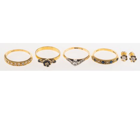 A mixed group of jewellery, including a pair of flowerhead studs set with paste stones, marked 9k, 0.4grams; an 18ct gold hal