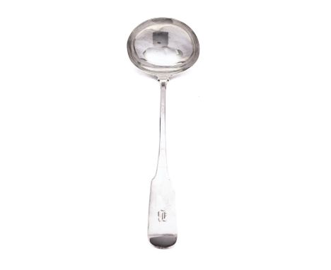 A George IV silver Fiddle pattern soup ladle by George Ferris, Exeter 1821, engraved initial B, 33.5cm., (13.5ins.) long, 165