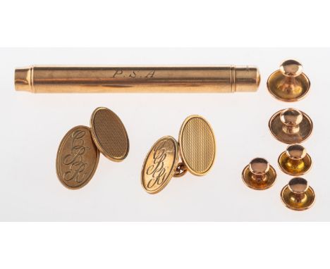 A mixed group of jewellery, including a 9ct gold cased pencil, UK hallmark, S. Morden & Co, length approx. 7.5cm, 21.1grams; 