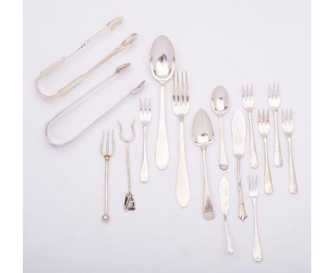 A mixed group of silver; including two pairs of sugar tongs, two tea spoons, two butter knives, six cake forks, an Irish pick