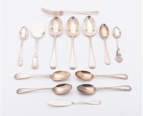 A mixed group of silver flatware; including three Old English dessert spoons, London 1927, and matching silver dessert fork, 
