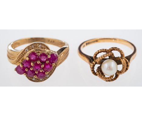 A group of two rings, including a 9ct gold flowerhead ring set with a single pearl, UK hallmark, size L, 2.2grams; and a clus