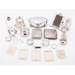 A mixed group of silver; including a dressing table ring casket maker's mark rubbed, Chester 1911,