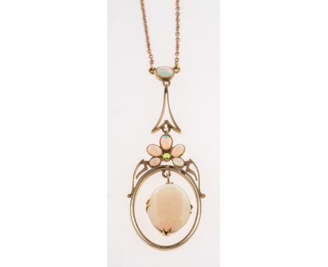 An Edwardian opal necklace, of openwork Art Nouveau design and set with oval-cut opal cabochons and a small circular-cut gree