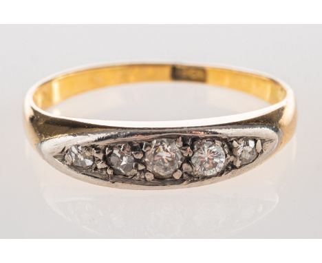 A five stone diamond ring, set with five graduated old-cut diamonds, diamonds approx. 0.15 carat total, marked 18ct, size J1/
