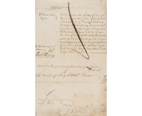 George II.- Treasury Warrant ordering payment of Two hundred and fifty pounds to William Lord Byron, D.s. two signatures cut 
