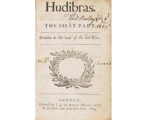 [Butler (Samuel)] Hudibras. The First Part. Written in the time of the late Wars, second authorized edition, title with woodc