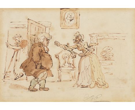 NO RESERVE Rowlandson (Thomas), Manner of. Domestic Bliss, pen and brown ink with watercolour wash over pencil, initialled 'R