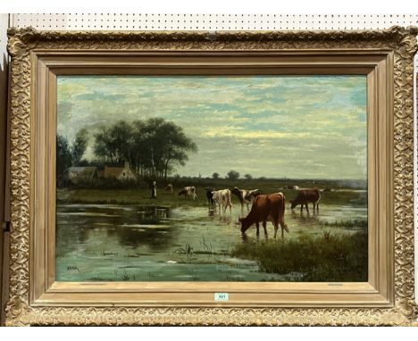 WILLIAM FREDERICK HULK. BRITISH 1852-1922.Returning to the Farm. Signed. Oil on canvas 24" x 36". Small canvas patch, area of