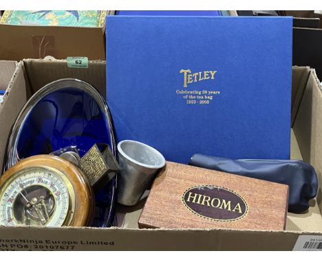 A box of sundries to include a stereoscope and cards, Tetley celebrations diecast vehicles in box, inkwell etc.