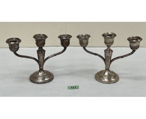 A pair of George V silver three light candelabra, Birmingham 1910, 8½" wide. Loaded.