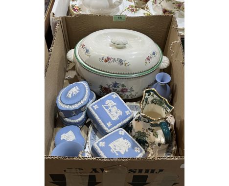 A box of ceramics to include a Spode tureen, Wedgwood jasparware etc.