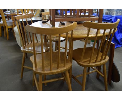 FOLDING CIRCULAR DINING TABLE, DIAM APPROX 109CM, TOGETHER WITH FOUR MATCHING STICK BACK CHAIRS