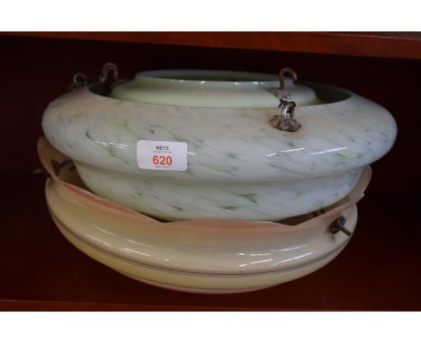 THREE RETRO GLASS LAMP SHADES