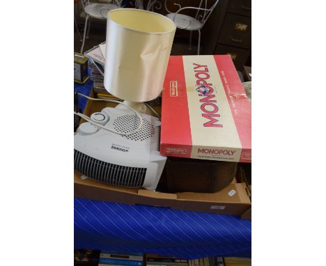 BOX CONTAINING HOUSEHOLD CLEARANCE ITEMS INCLUDING MANTEL CLOCK, MONOPOLY, CDS ETC