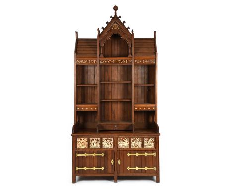 A large Reformed Gothic oak cabinet, twin cupboard with hinged doors, with a panel of six Minton tiles by John Moyr Smith, su