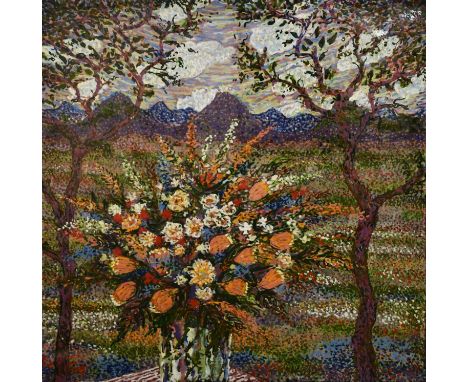 Esias Bosch (1923-2010), South AfricanVase of Flowers in a Landscapea massive tile, painted,and a book on the artist, signed 