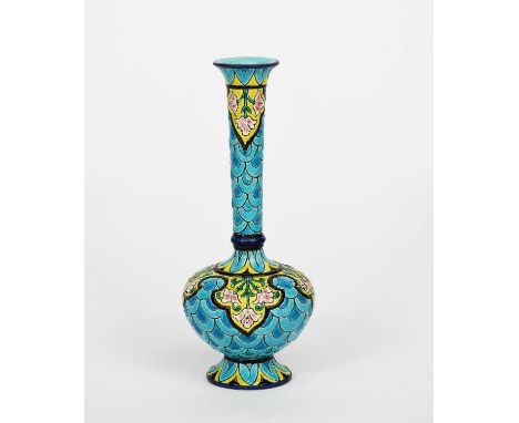 A Longwy Pottery solifleur vase, shape 1168, footed, ovoid form with tall cylindrical neck, decorated with panels of flowers 