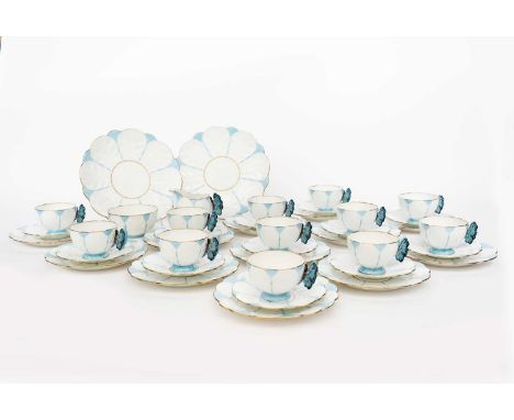 An Art Deco Aynsley Butterfly tea set for twelve, pattern 1322, comprising twelve cups, saucers and side plates, two cake pla