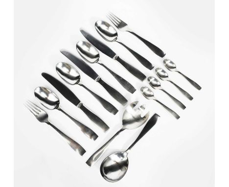 A Georg Jensen stainless steel cutlery service, comprising; six dinner knives, forks and spoons, six dessert spoons, six lunc