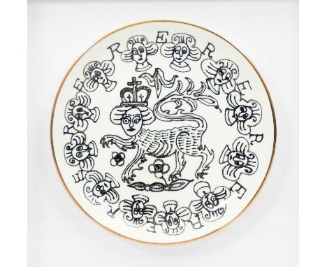 Sir Grayson Perry (born 1960)Lion Queena plate, printed with heraldic lion and border of portrait busts and ER monograms in b